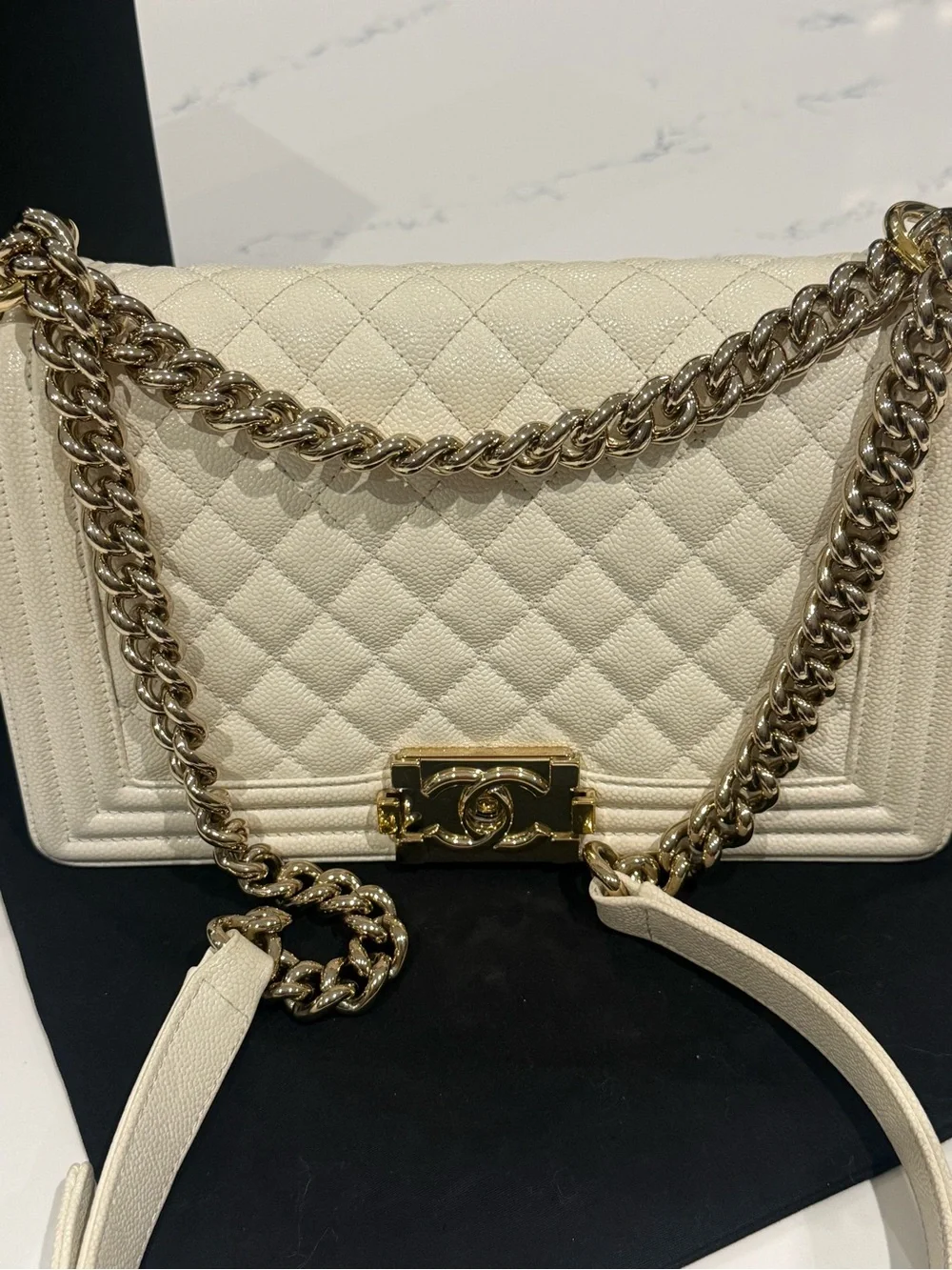 CHANEL Cream Quilted Boy Bag with Gold Chain